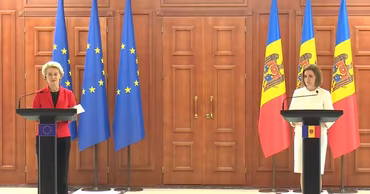 Ursula von der Leyen and Maia Sandu standing at podiums with EU and Moldovan flags.