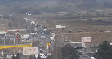 Aerial view of trucks and vehicles at the Leuseni-Albita border crossing point in Moldova.