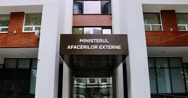 The entrance to the Ministry of Foreign Affairs building in Chisinau, Moldova.