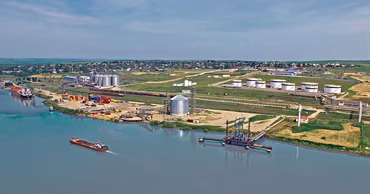 Aerial view of the Giurgiulesti International Free Port on the Danube river.