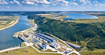 Aerial view of the Dniester hydropower plant and reservoir on the river.