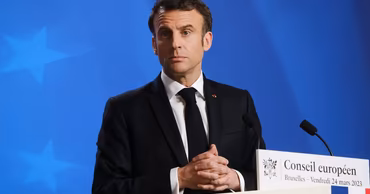 French President Emmanuel Macron speaking at a European Council summit.