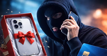 A person in a balaclava talking on a phone next to a gift-wrapped smartphone and credit card.