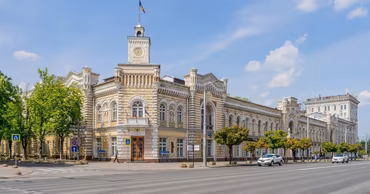 The historic building of the Chisinau City Hall on a sunny day.