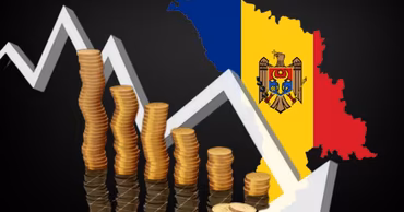 A graphic showing the Moldovan map with the national flag, coins, and a downward economic trend line.